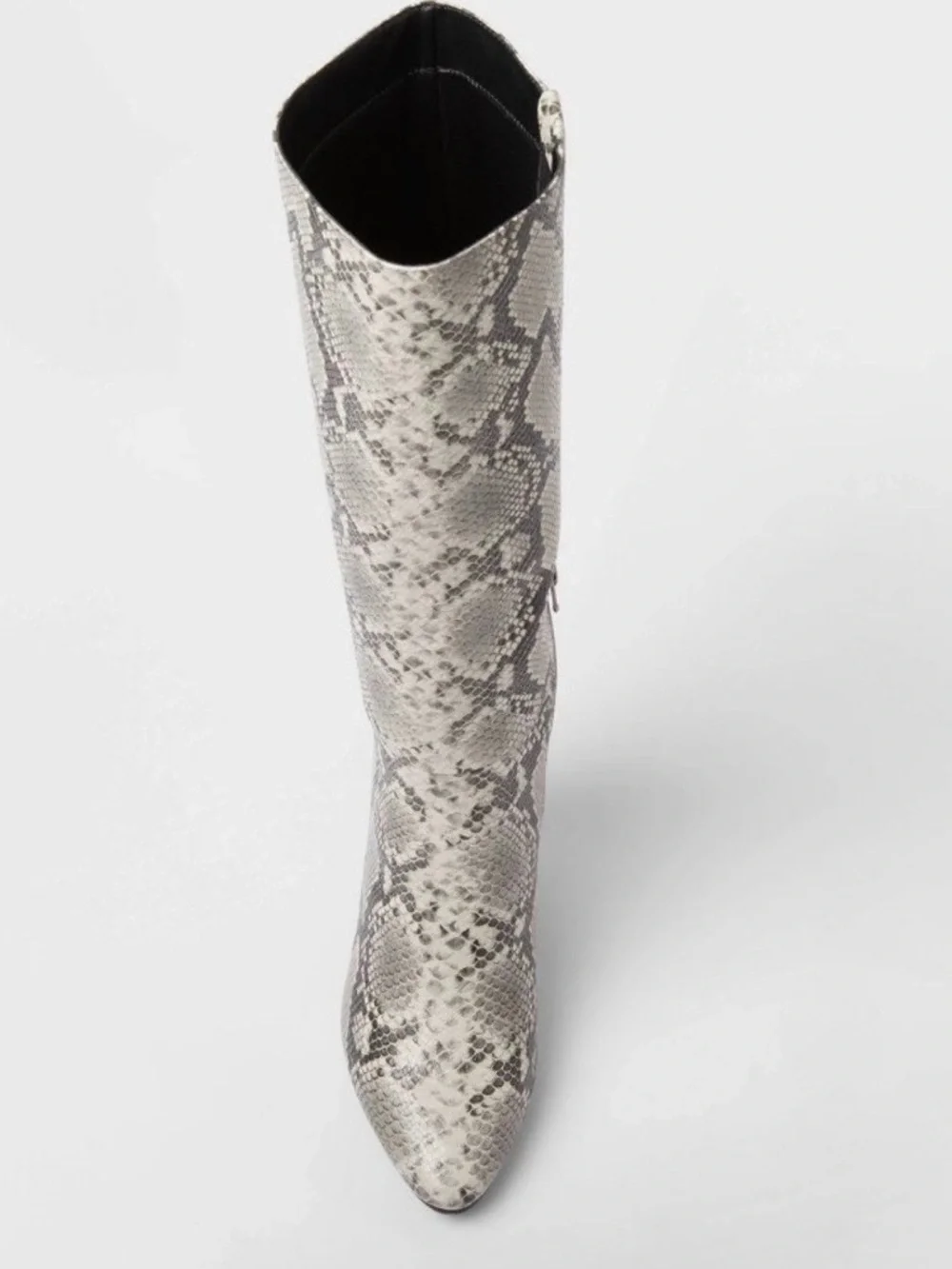 Sexy Snake-Print Knee-High Block Heel Boots - White/Gray/Black